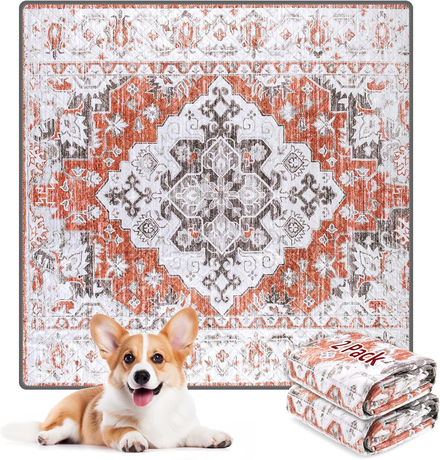 LOOBANI Washable Pee Pads for Dogs, 2 Pack Super Absorbent Reusable Puppy Pads Leakproof Dog Traning Pads, Waterproof Non-Slip Whelping Pad for Floor, Playpen, Crate, Couch-36 x36 (Red-Orange)