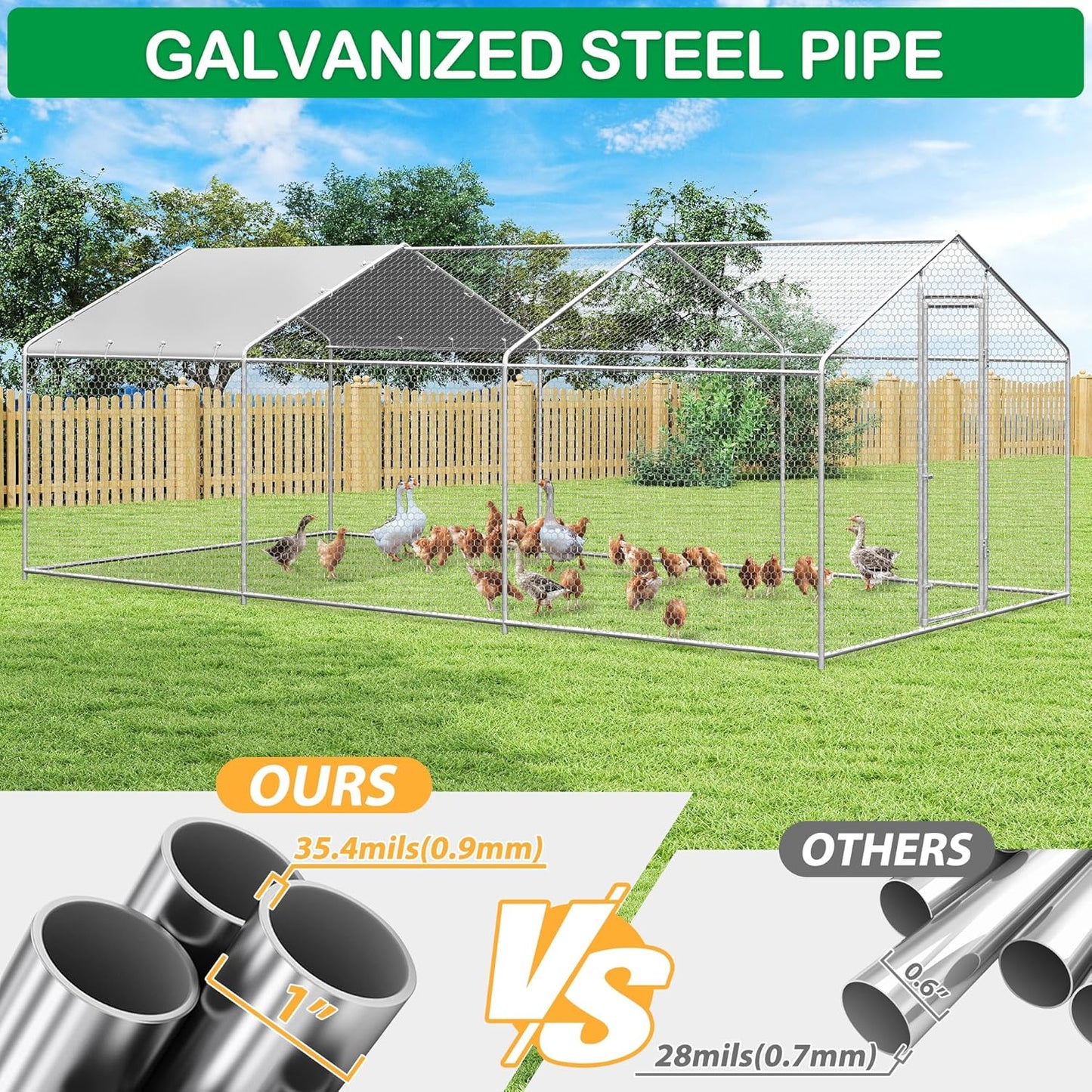 Large Metal Chicken Coop, Walk-in Chicken Run Pen with Waterproof Cover, Spire Roof Poultry Cage for Outdoor, Backyard, Farm