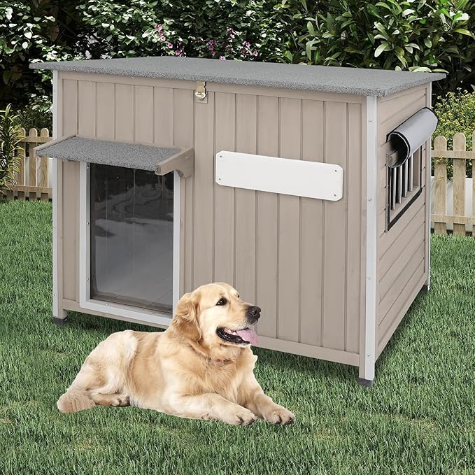 Weatherproof Outdoor Dog House, Wooden Puppy Shelter with Anti-Chewing Iron Frame and Elevated Floor, Sturdy Dog Kennel for Small, Medium & Large Dogs, Grey (Gray, 40" L x 26" W x 31" H)