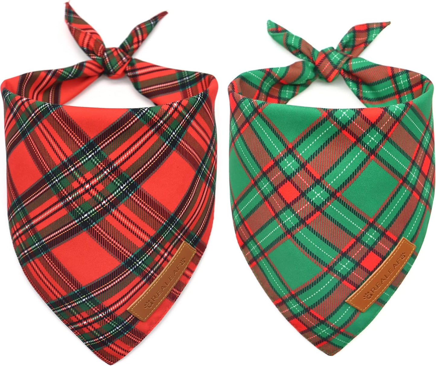 Realeaf Christmas Dog Bandanas 2 Pack, Reversible Red Green Plaid Dog Scarf, Xmas Pet Bandana, Premium Durable Fabric, Holiday Check Bandana for Large and Extra Large Dogs Pets (X-Large)
