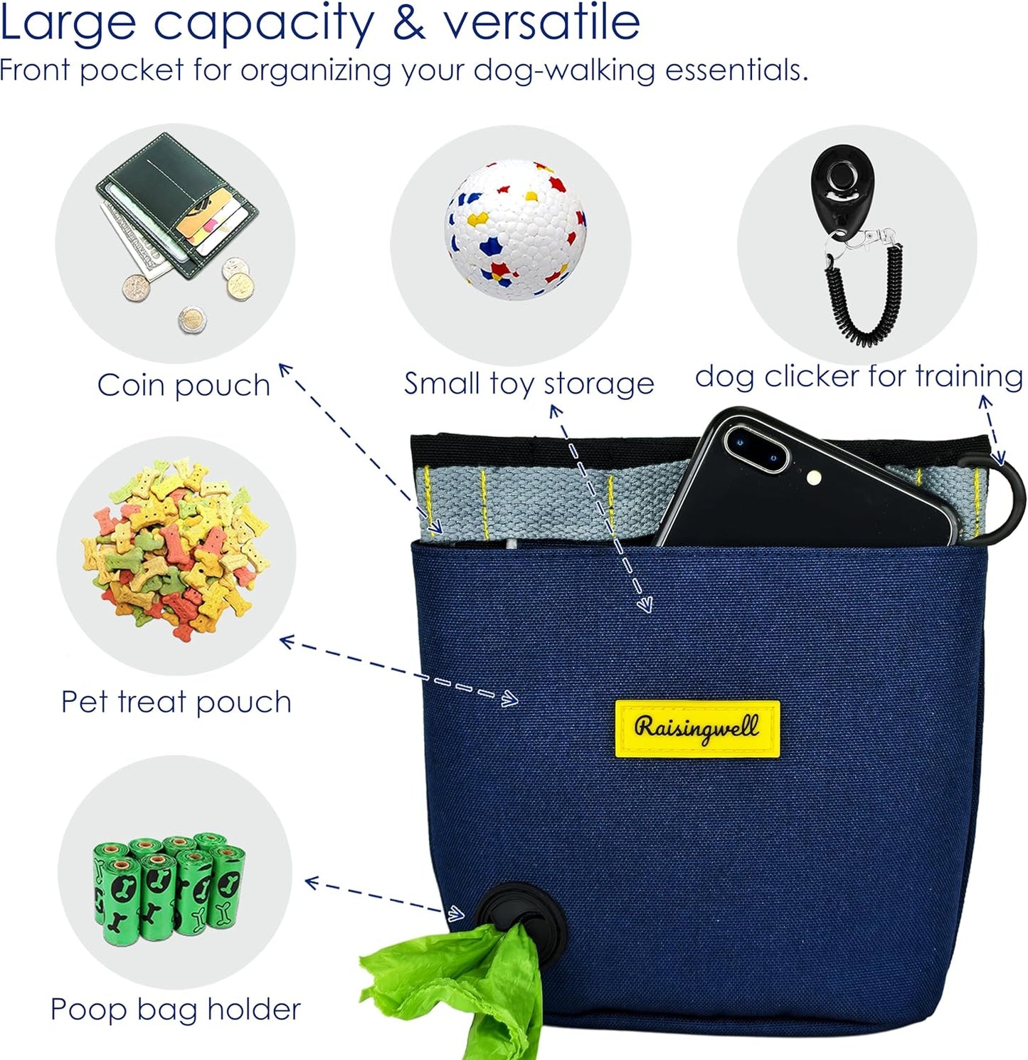 Dog Treat Pouch for Pet Walking and Training with Clicker 2 Cup Silicone Bag Small Fanny Pack Holder for Puppy Snack Dispenser Kit for Leash and Outdoor Use (Blue)