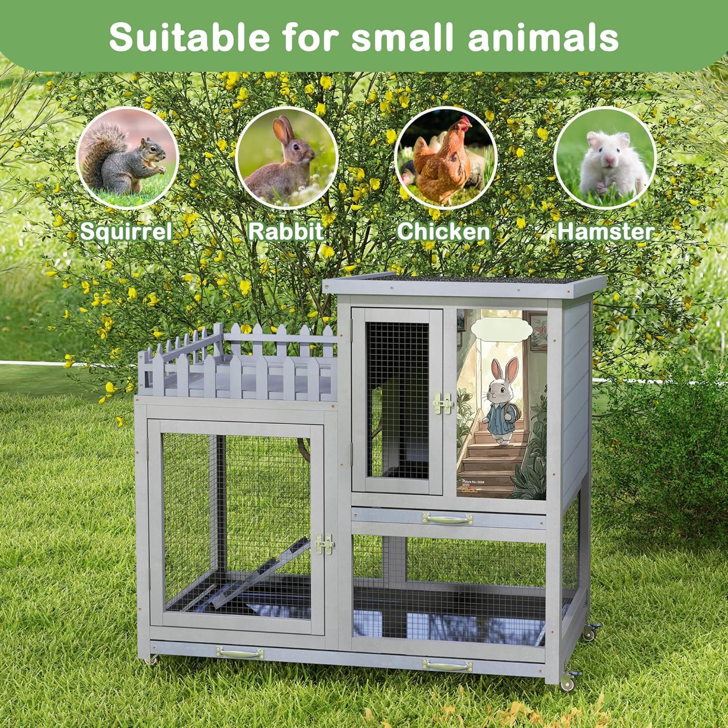 COZIWOW Double Layers Durable 38In Rabbit Hutch Indoor on Wheels, Small Animal Houses Habitat, Rolling Large Bunny Cage Outdoor with Removable Tray, Ramp, Two Story Bunny Cage（Grey with Pattern）