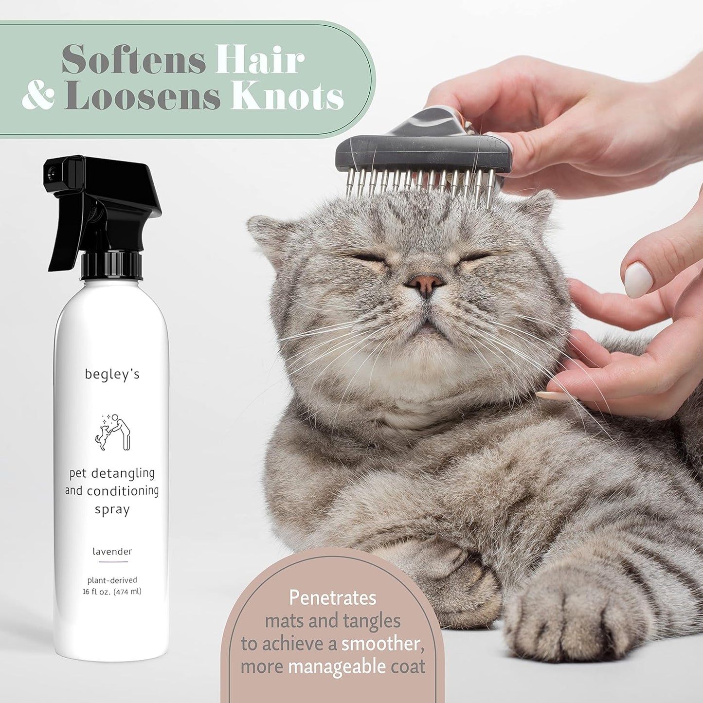 Begley's Pet Detangling Spray - Premium Essential Oil Scented Detangler Spray for Dogs, Puppies & Cats - Dog Leave in Conditioner Spray - Dematting Spray for Dogs & Pets - 16 oz, Lavender