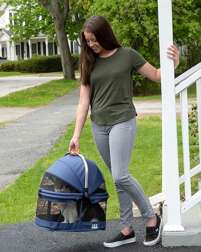 Pet Gear No-Zip View 360 Pet Safety Carrier & Car Seat for Small Dogs & Cats Push Button Entry, View 360 20-inch, Navy