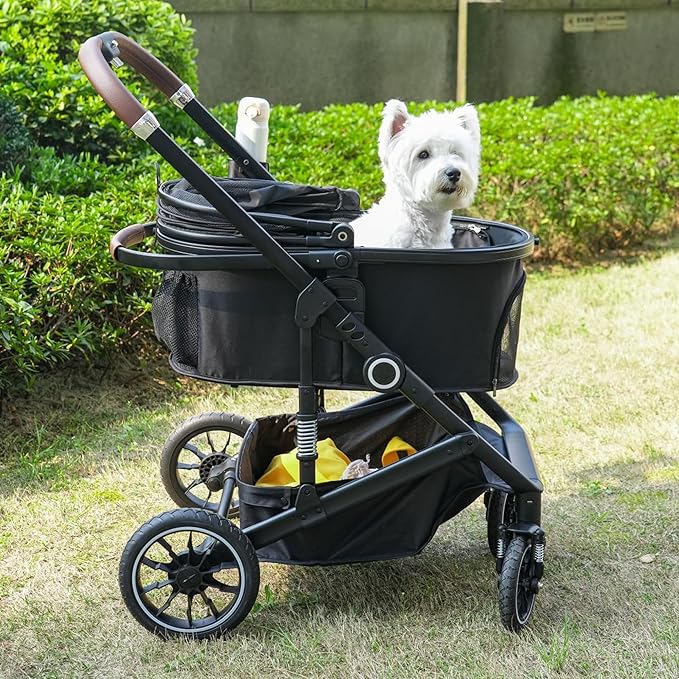 Pet Stroller with 4 Wheels, 3 IN 1 Folding Puppy Strollers for Small/Medium Dogs Cats up to 50lbs, Lightweight Pet Travel Carrier with Detachable Cushion, Storage Basket and Cup Holder, Black
