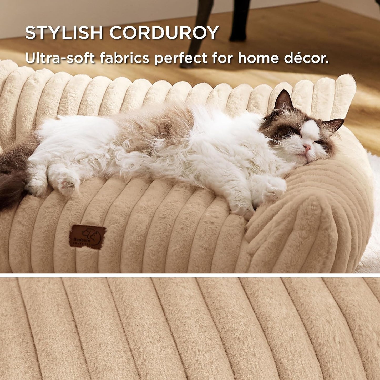 Bedsure Cute Cat Couch for Pets - Fluffy Cat Sofa with Premium Soft Corduroy Fleece, Fuzzy Pet Couch Bed with Removable Washable Cover, Supportive Pet Chair for Indoor Cats, 24inch, Tuscan Beige