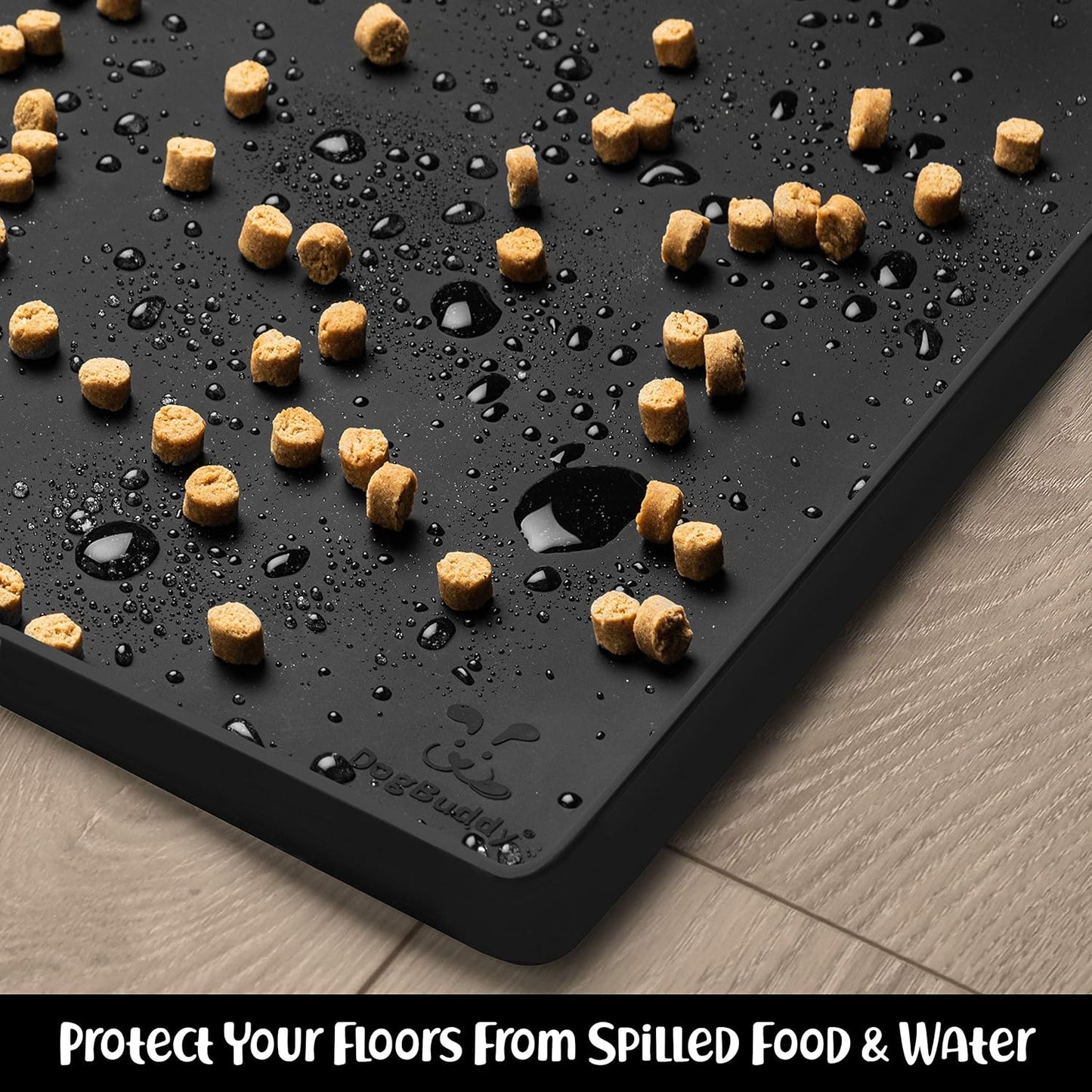 DogBuddy Dog Food Mat – Waterproof Dog Bowl Mat for Food and Water, Silicone Pet Feeding Mats for Floors, Non-Slip Placemat with High Edges for Dogs Bowls, Puppy Essentials (XL: 28" x 18", Black)