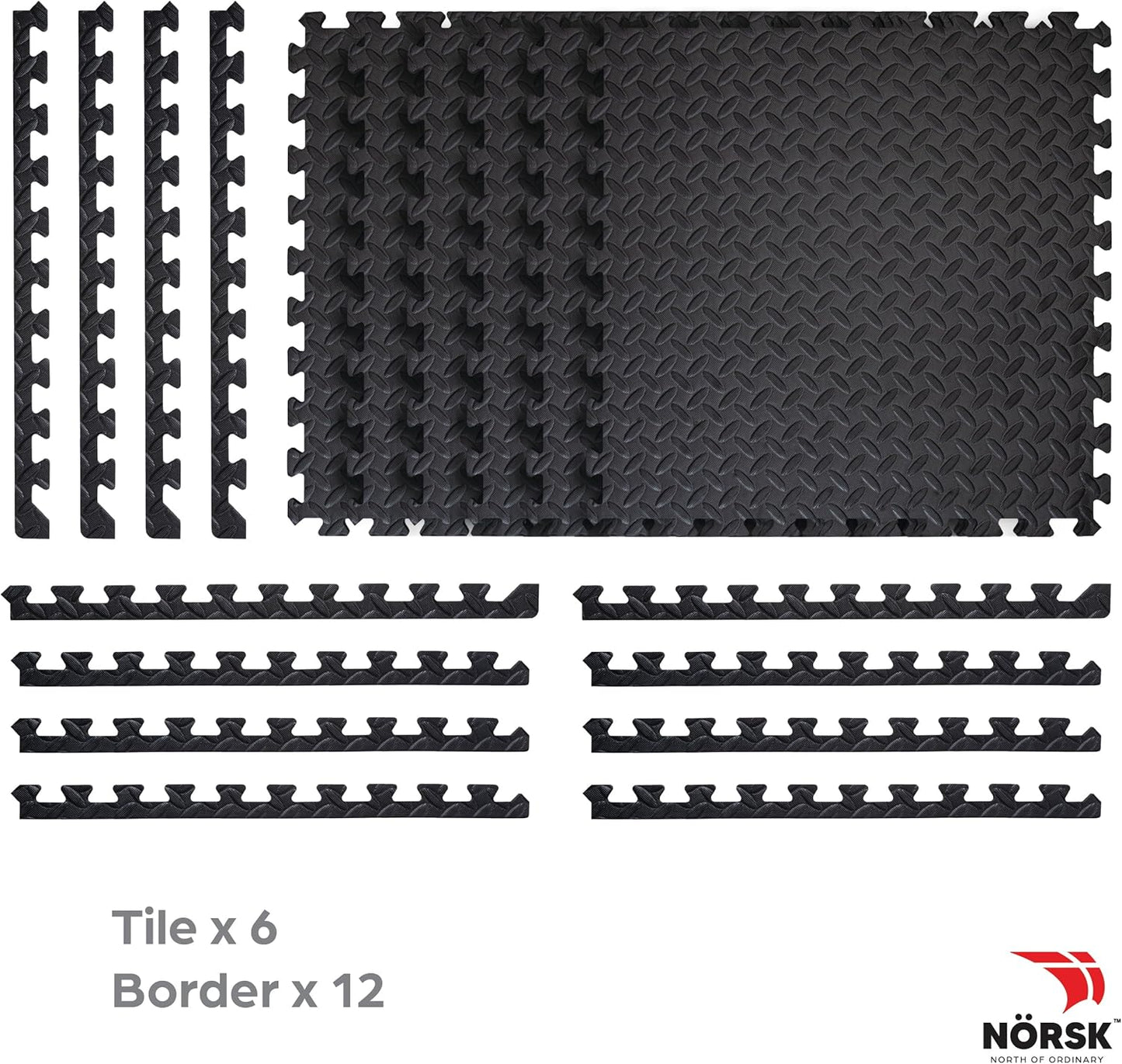 Norsk Foam Floor Gym Mats with Interlocking Tiles, .47" Thick, 24"x24", 42-Pack, 168 Square Feet, Diamond Plate Design, Black