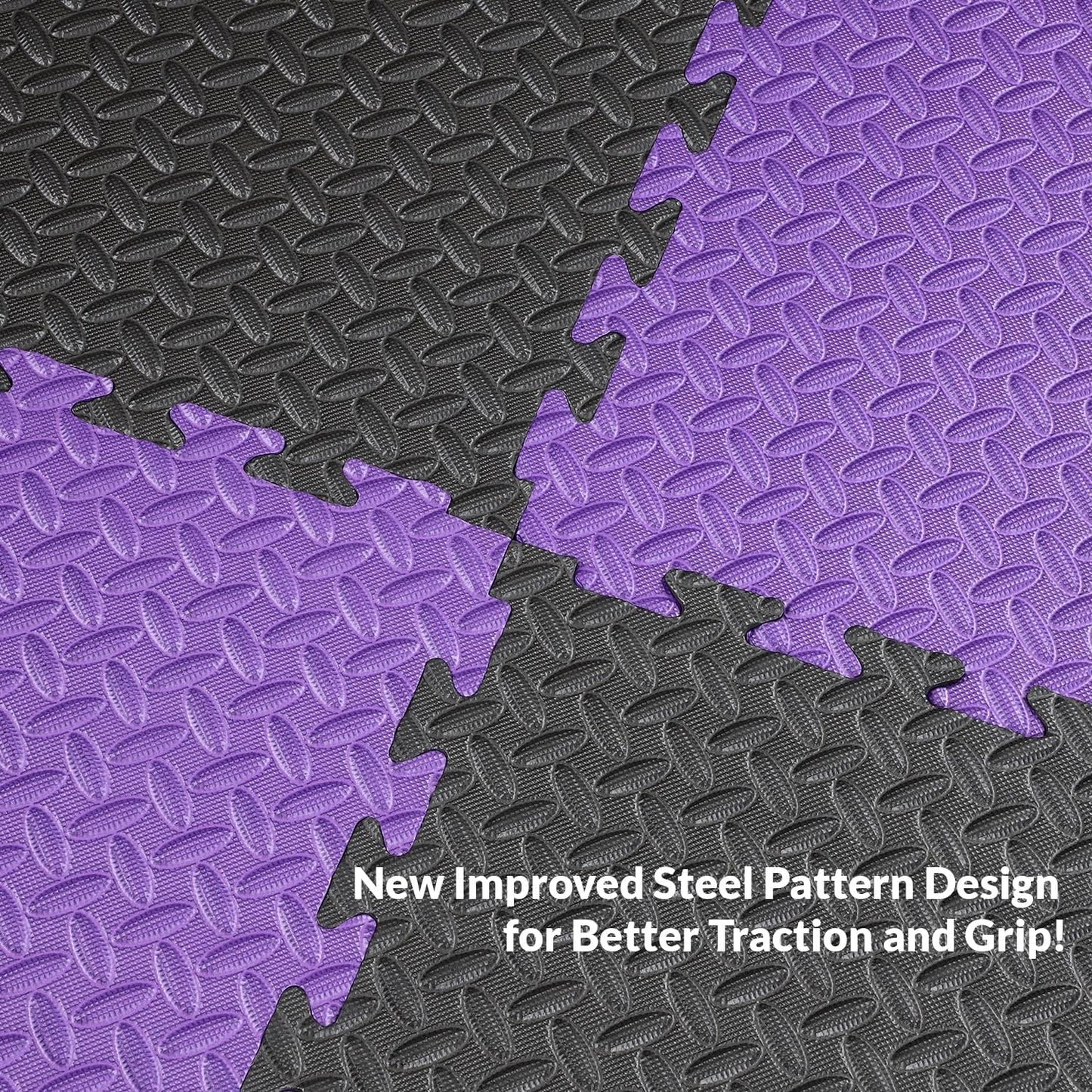 Xspec 1" Extra Thick 48 sq ft Reversible EVA Gym Foam Floor Mat Tiles (24" x 24"), Steel Pattern, 12 pcs, Black/Purple