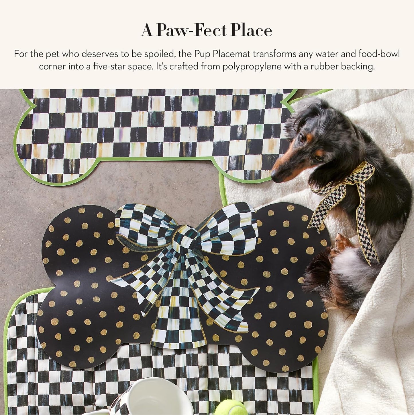 MACKENZIE-CHILDS Pup Placemat, Cute Pet-Food Mat for Dog Bowls and Cat Bowls, Courtly Bow