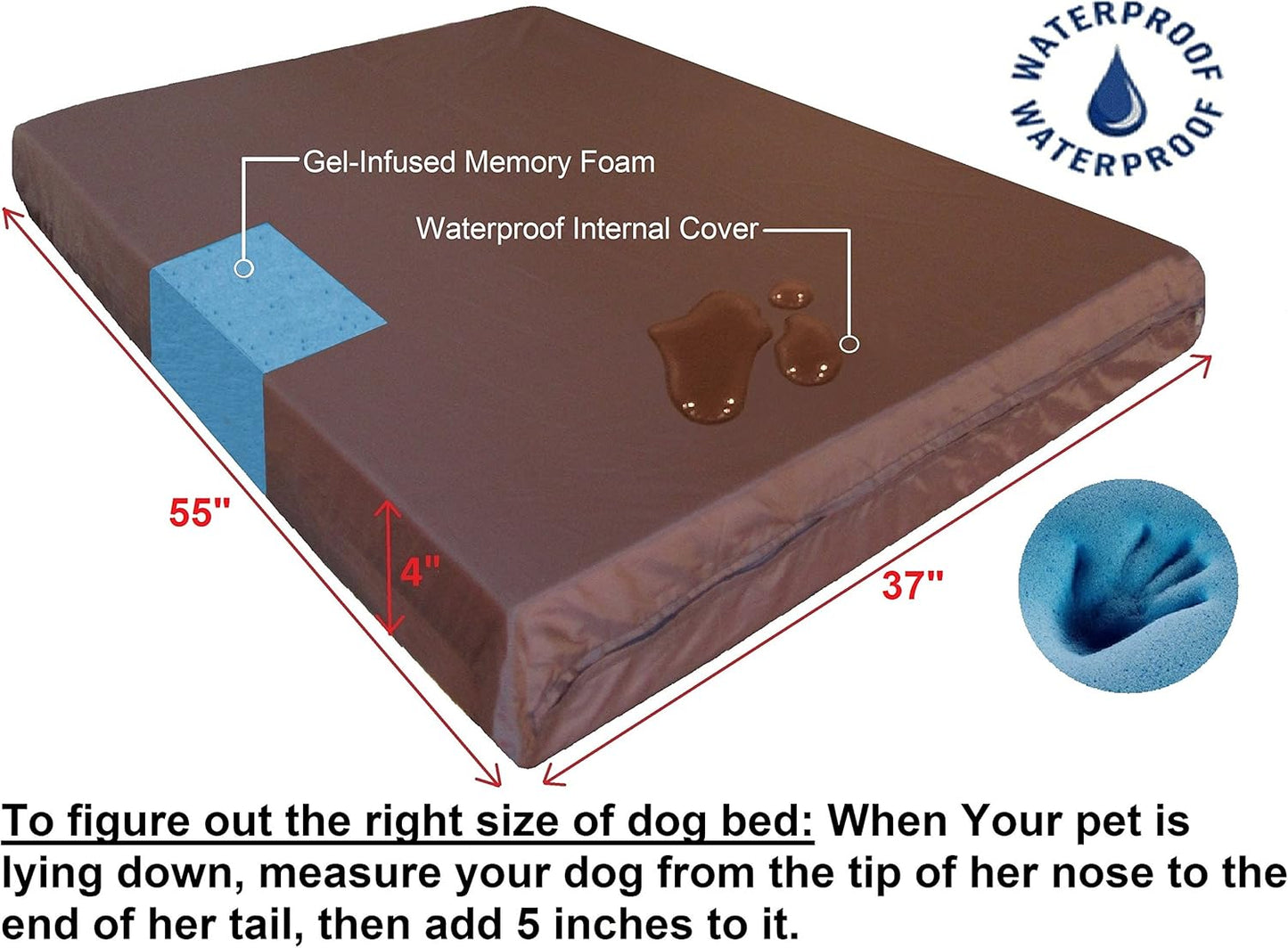 Dogbed4less Luxury XXL Orthopedic Memory Foam Dog Bed for Extra Large Dogs with Durable Waterproof Internal Case, Removable Washable Denim Cover and Bonus Pet Bed Spare Cover, 55X37X4 Inches, Brown