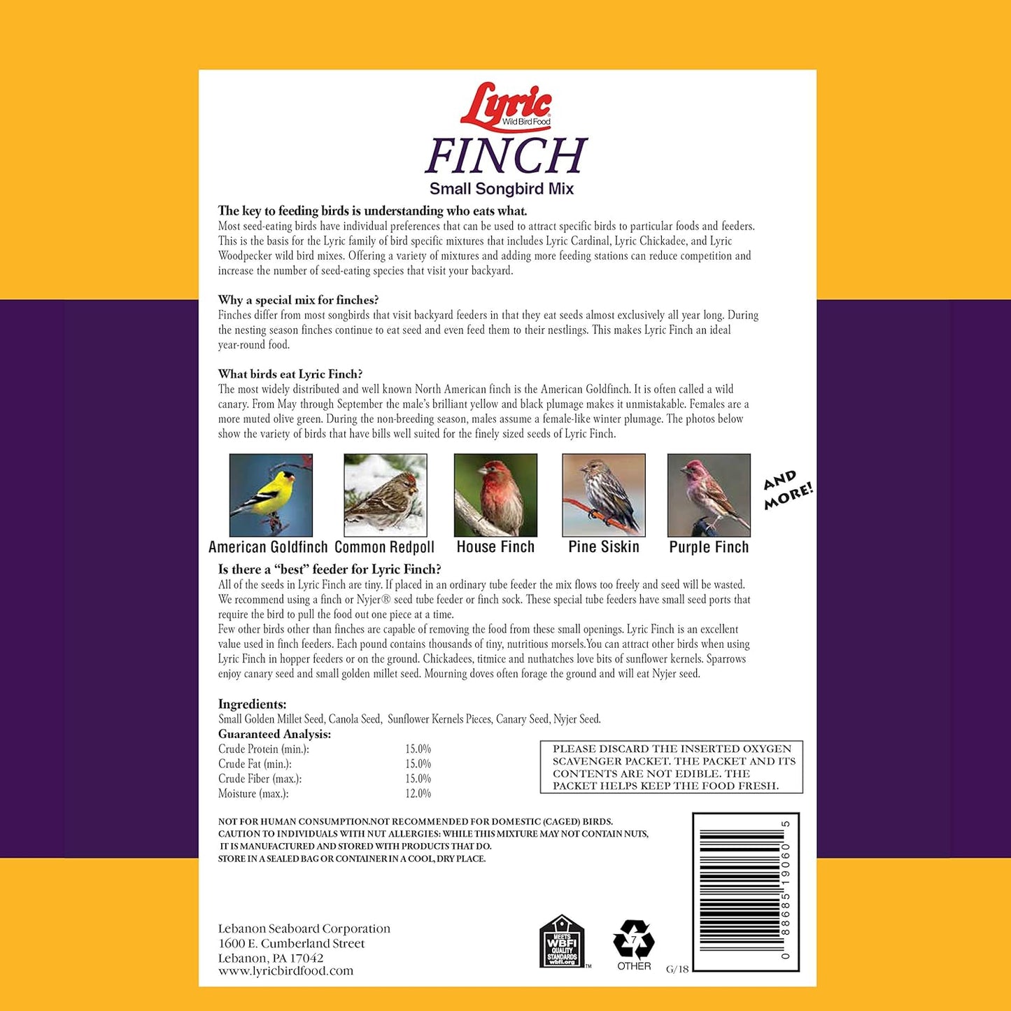 Lyric Finch - Small Songbird Wild Bird Seed - Attracts Goldfinches, House Finches, Purple Finches & More - 5 lb. Bag