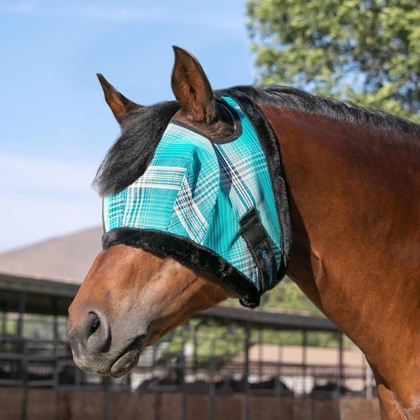 Kensington Fly Mask with Fleece Trim for Horses — Protects Face and Eyes from Flies and Sun Rays While Allowing Full Visibility — Breathable and Non Heat Transferring, Large, Atlantis