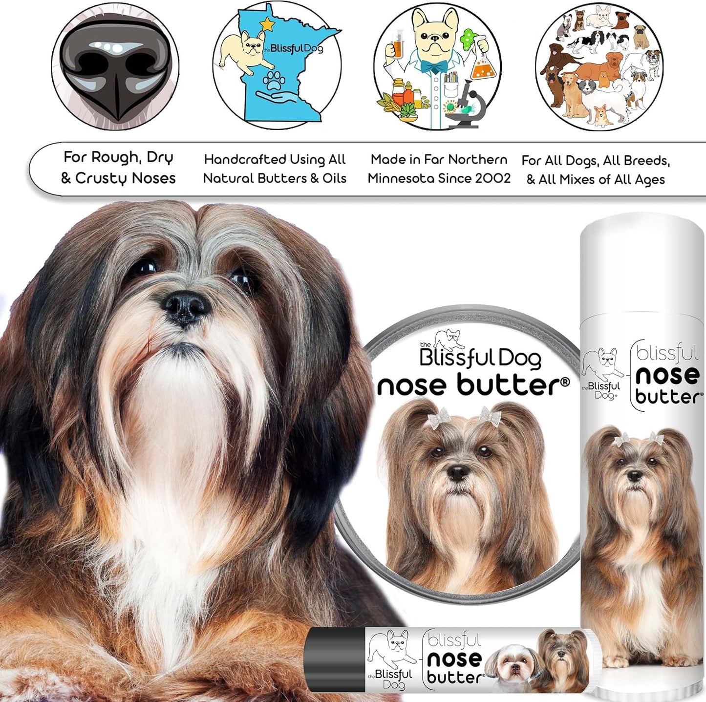 The Blissful Dog Lhasa Apso Nose Butter for Dry, Cracked Skin, Lick-Safe Dog Nose Balm with Moisturizing Shea Butter, Almond, Olive, and Essential Oils, Pet Supplies, Uncented, 1 oz.