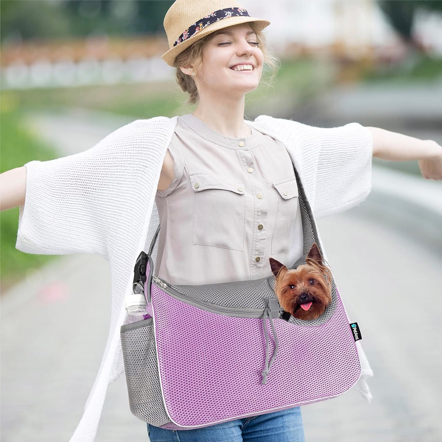 PetAmi Small Dog Sling Carrier, Soft-Sided Crossbody Puppy Carrying Purse Bag, Adjustable Sling Pet Pouch to Wear Medium Dog Cat Travel, Dog Bag for Traveling, Poop Bag Dispenser, Max 10 lbs, Purple