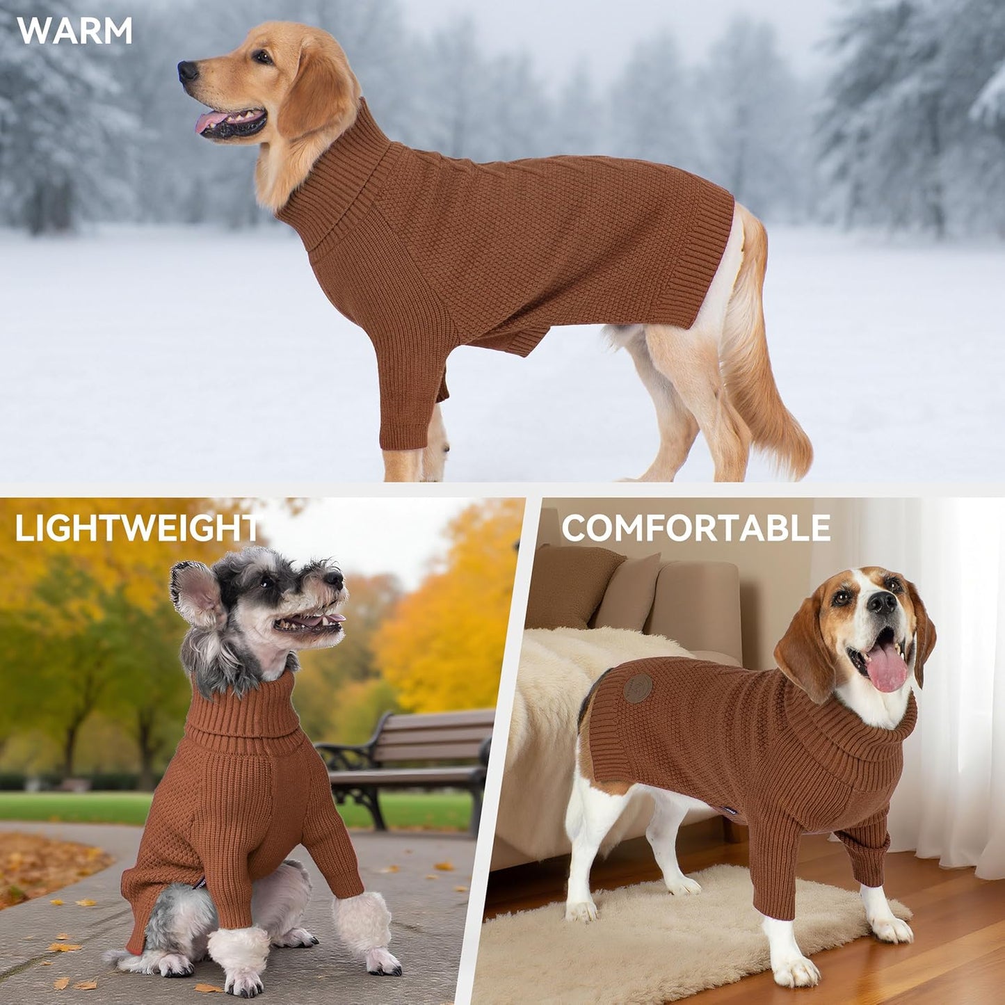 cyeollo Dog Sweaters for Small Dogs Boy, Pullover Turtleneck for Dogs Male, Knitted Doggy Fall Winter Warm Cold Weather Dog Clothes Apparel with Sleeves, Brown L