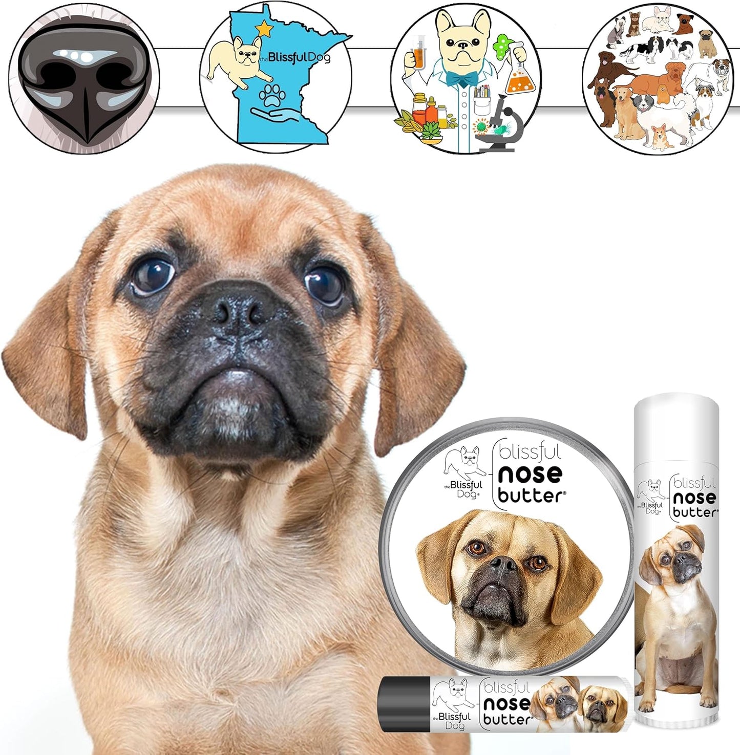 The Blissful Dog Puggle Nose Butter for Dry, Cracked Skin, Lick-Safe Dog Nose Balm with Moisturizing Shea Butter, Almond, Olive, and Essential Oils, Pet Supplies, Uncented, 2 oz.