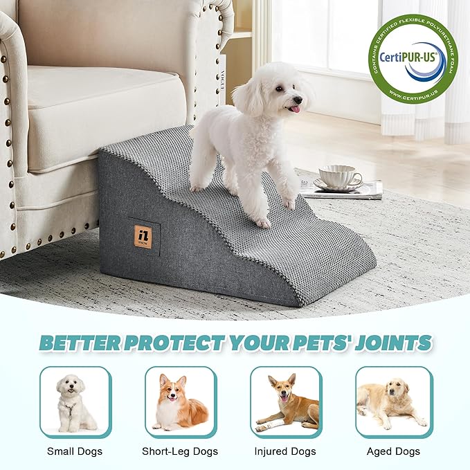 IFNOW Dog Stairs for Small Dogs and Cats 11.8" H, 3-Step Sturdy Dog Steps for Couch, Sofa or Chair, High-Density Foam Pet Stairs for Puppy, Older Cats, Non-Slip Curved Pet Ramp Indoor, Grey