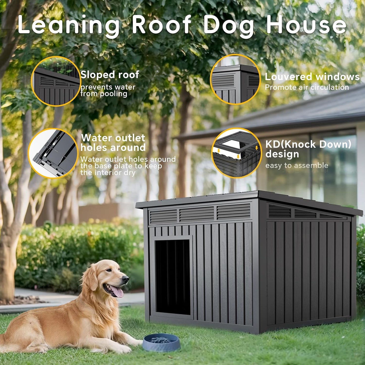 VIXZEN Dog House Indoor Outdoor,Waterproof Dog House for Small to Medium Dogs,Doghouse with Air Vents and Elevated Floor,Openable at The Top,Easy to Assemble and Clean,Black,32.2"×25.12"×24.13"