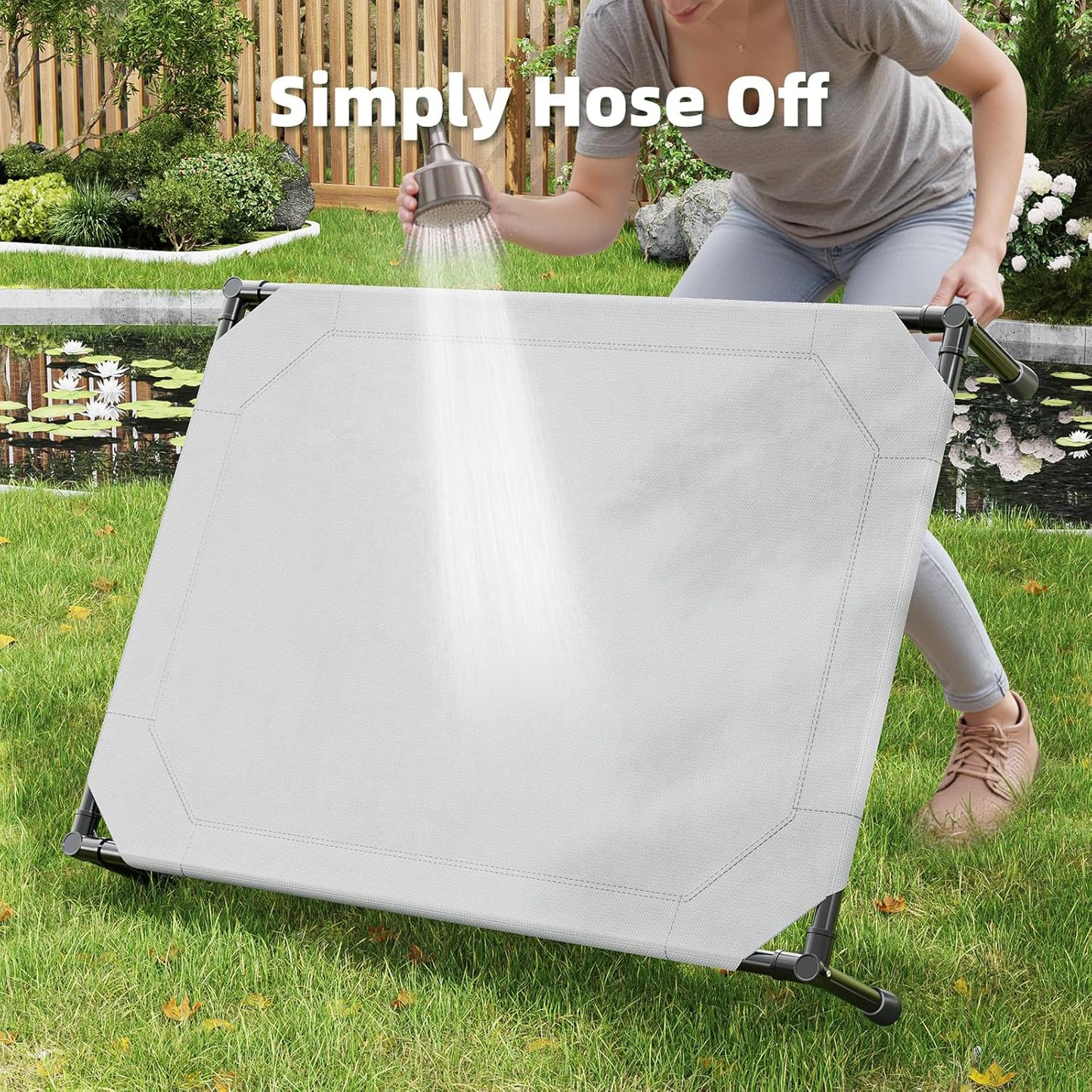 Simple Trending Raised Bed for Large Dog, Waterproof L Pet Cot, Breathable Big Bed Load 300lb, Metal Connector, Grey