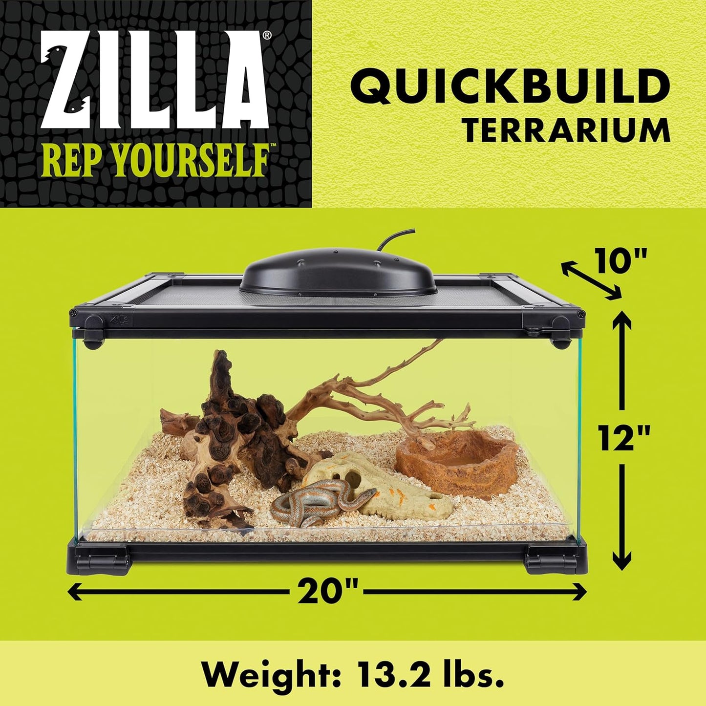 Zilla QuickBuild Reptile 10 Gallon Glass Terrarium Habitat with Bedding Tray For Geckos, Snakes, Lizards, Frogs, Turtles, and Tortoises, 20" x 12" x 10"