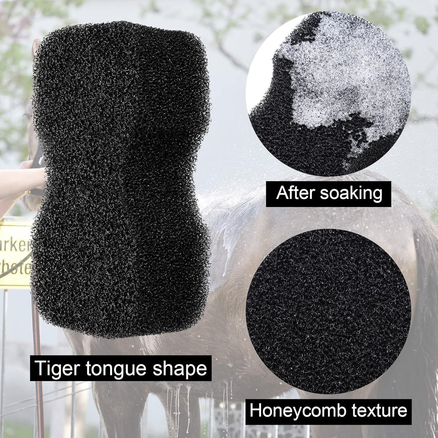 Eaasty 3 Pcs Horse Groomer Sponge Scrubber Massager Horse Grooming Brush Kit Supplies Large Soft Care for Cleaning Washing Bathing, Black, 4.33 x 7.87 x 2.56 Inch
