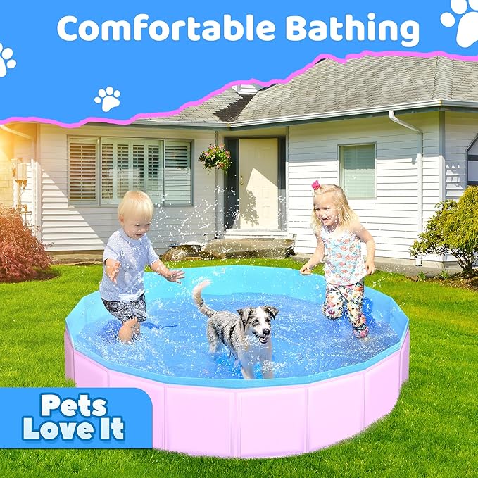 2025 Updated Foldable Dog Pool, 97" x 12" Kiddie Pool with Hard Plastic, Non-Slip Dog Bath Tub for Outdoor Backyard, Collapsible Dog Swimming Pool for Kids Dogs Pets (Pink)