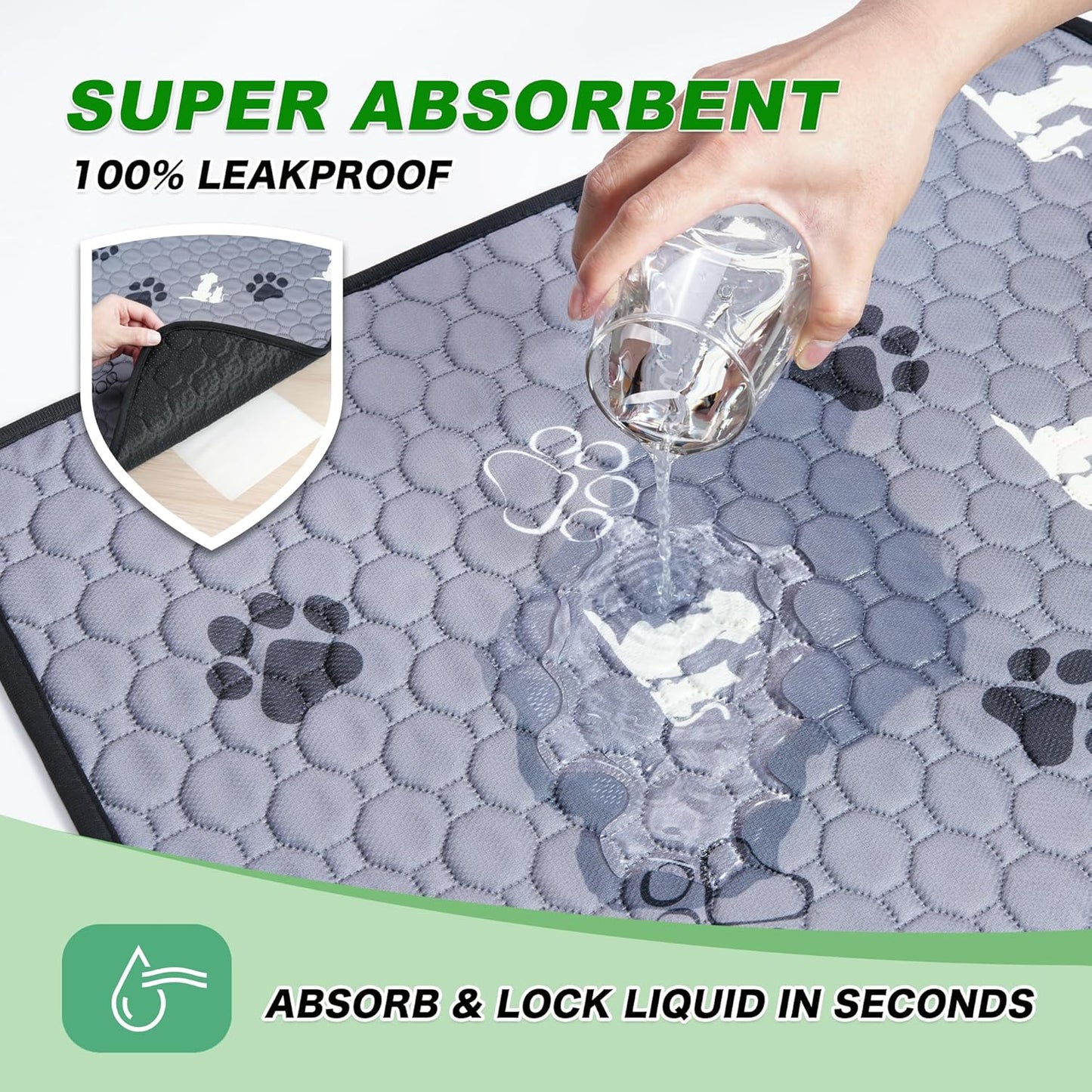 Washable Pee Pads for Dogs Mat, 2 Pack Absorbent Reusable Training Dog Pads Pet Puppy Pads, Non-Slip Potty Pads for Whelping, Playpen, Crate, Bed, Grey 34"x52"