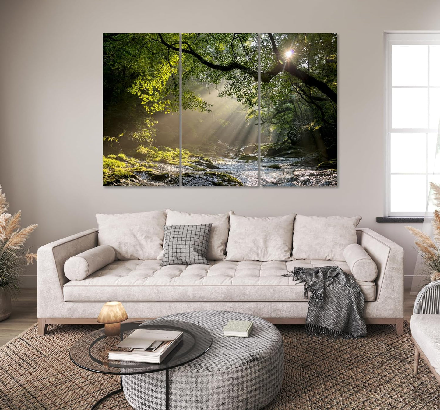 Nature Wall Art Prints - Ocean Forest Mountain Lake Canvas Landscapes - Small to Extra Large Living Room Bedroom Kitchen Bathroom Décor (Rocky River in the Woods, 31L" x 47W" - 3 Panels)