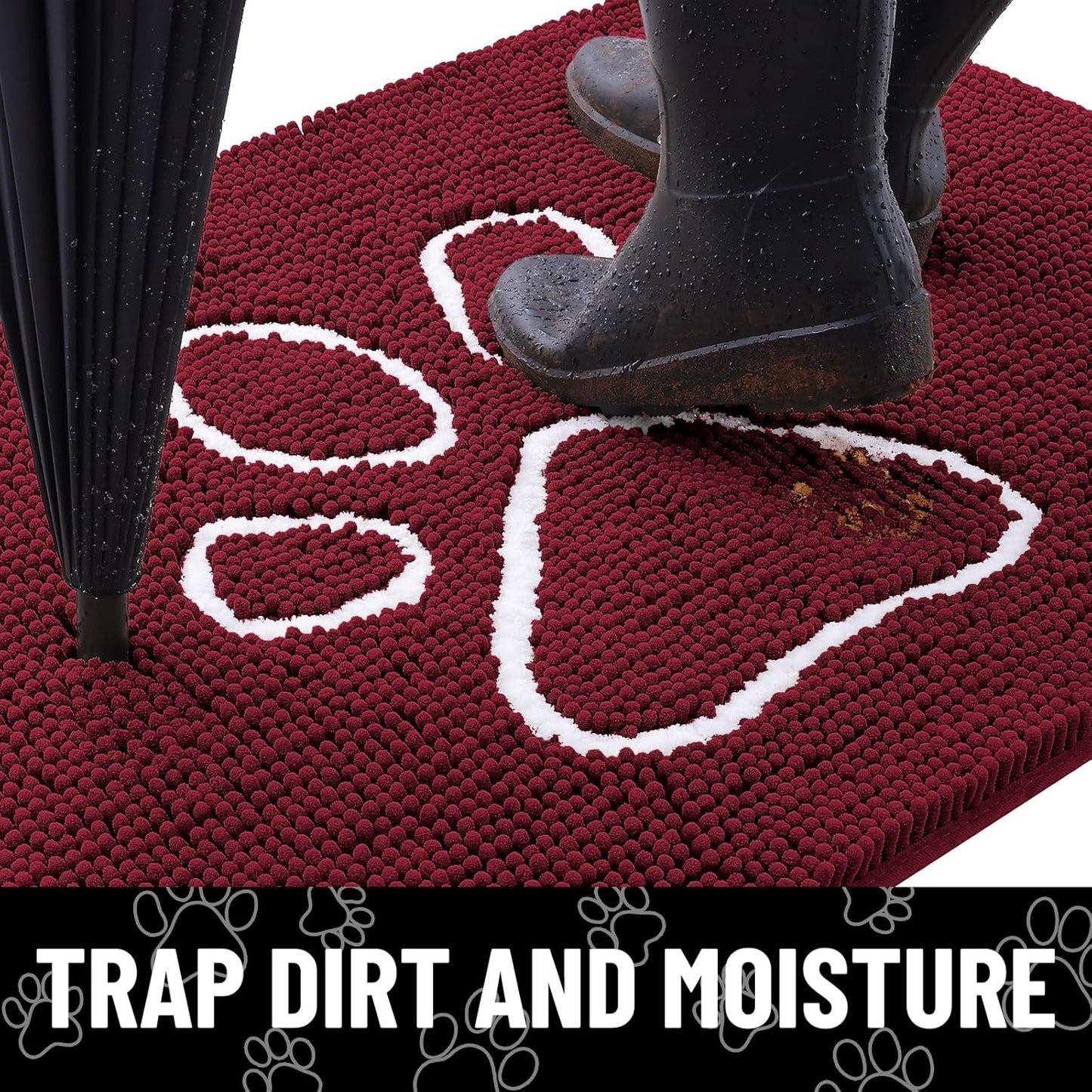 Smiry Dog Door Mat for Muddy Paws, Absorbent Dirt Trapper Non Slip Quick Dry Washable Chenille Mat for Mud Dogs, Entry Rug for Indoor and Outdoor (47x32 Inches, Burgundy)