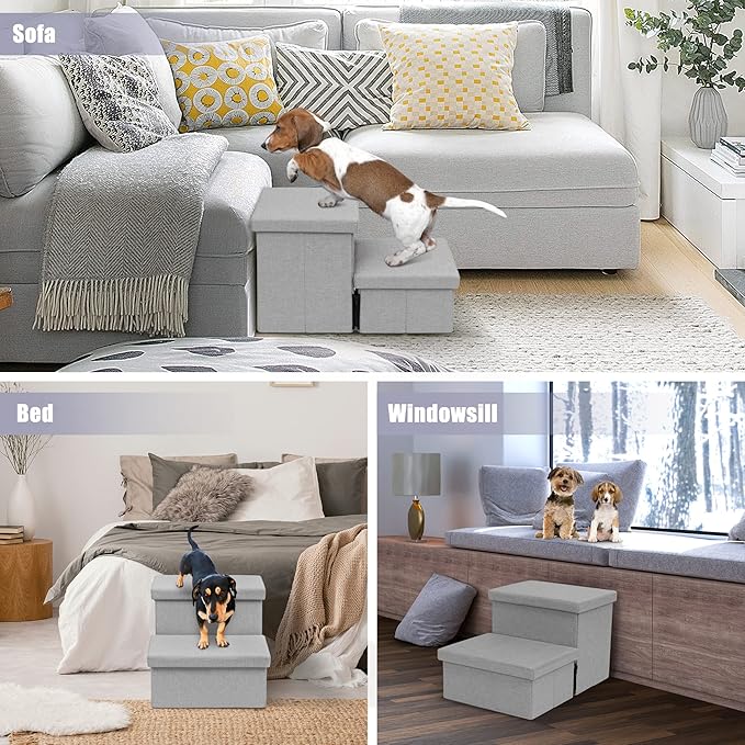 Heeyoo Dog Stairs with Storage, Foldable Dog Steps for Small Dogs, 2 Tiers Non-Slip Pet Stairs for High Beds Or Couch and Sofa, Hold up to 150 lbs Pet Doggy Cat