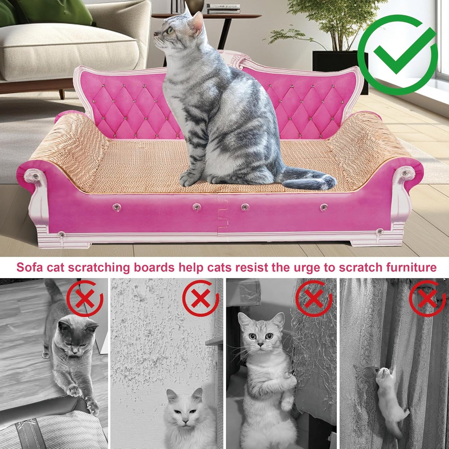 Scratching Sofa, Couch Shaped Thick Scratching Cardboard, Lounge Bed for Indoor Rest&Play, Sofa Scratcher Pad (Pink, 27.6" L X 12.4" W X 11.8" H)