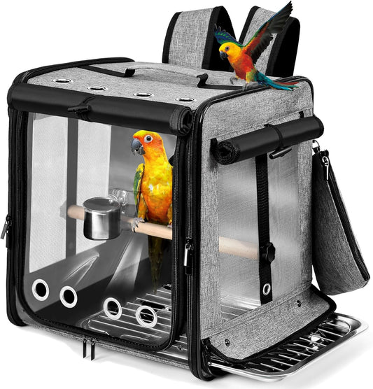Suertree Bird Carrier with Seat Belt for Car Travel, Bird Backpack Carrier with Indestructible Stainless Steel Mesh, Large Bird Carrier Travel Cage, Grey