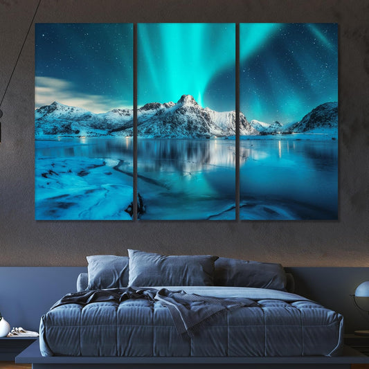 Nature Wall Art Prints - Ocean Forest Mountain Lake Canvas Landscapes - Small to Extra Large Living Room Bedroom Kitchen Bathroom Décor (Northern Lights Over Lake, 31L" x 47W" - 3 Panels)