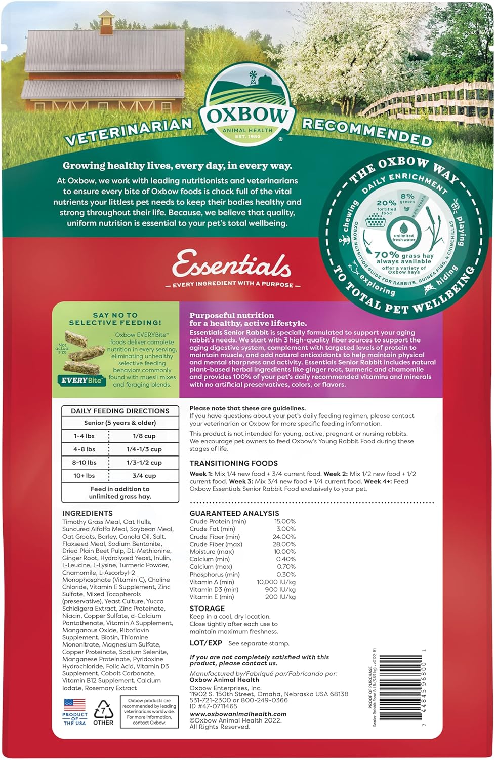 Oxbow Essentials Rabbit Food, Senior, Made Alfalfa for Rabbit, Vitamin & Mineral Rich Pet Pellets, Small Animal Pet Products, Bunny Food, Made in USA, High Fiber, 8 lb. Bag