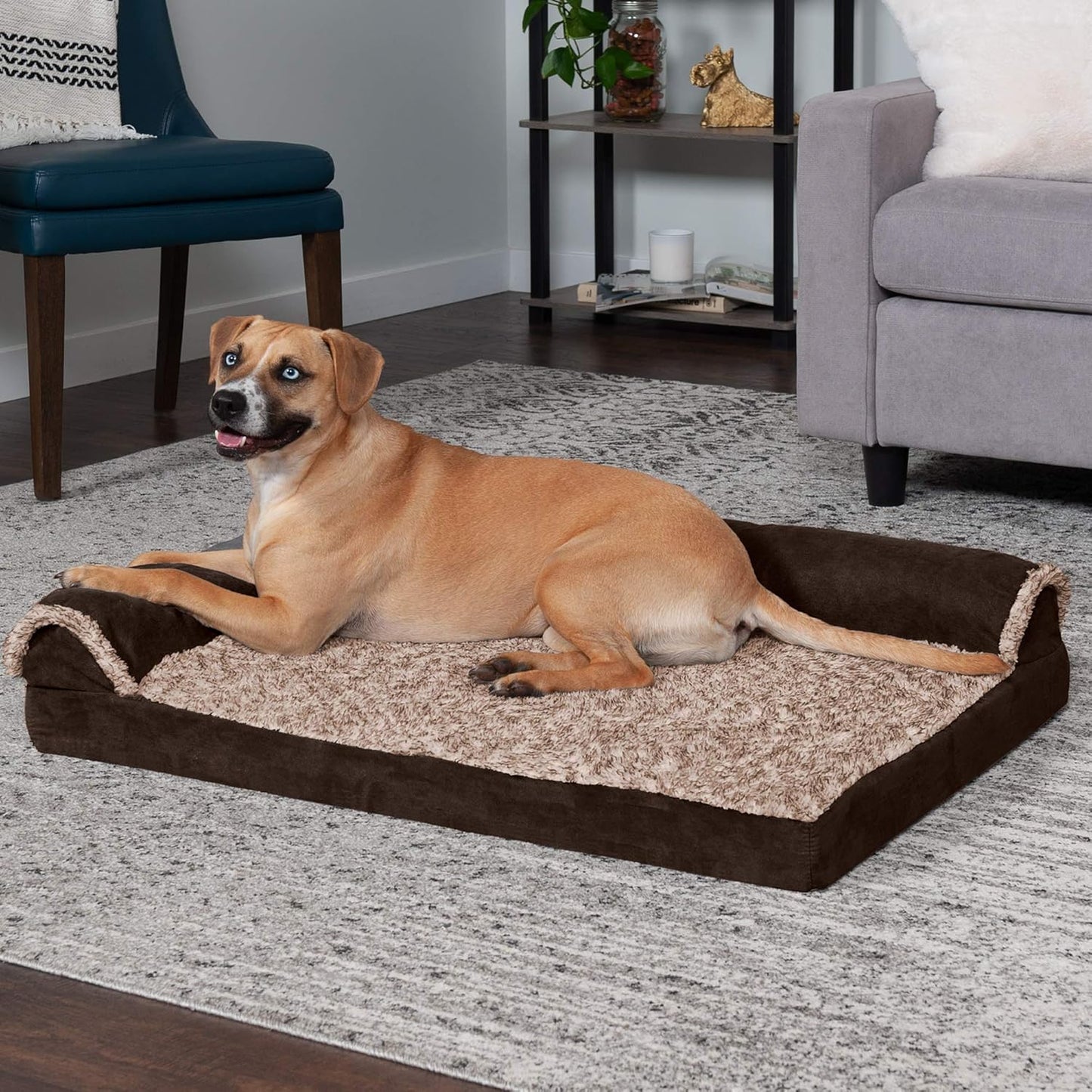 Furhaven Cooling Gel Dog Bed for Large/Medium Dogs w/ Removable Bolsters & Washable Cover, For Dogs Up to 55 lbs - Two-Tone Plush Faux Fur & Suede L Shaped Chaise - Espresso, Large