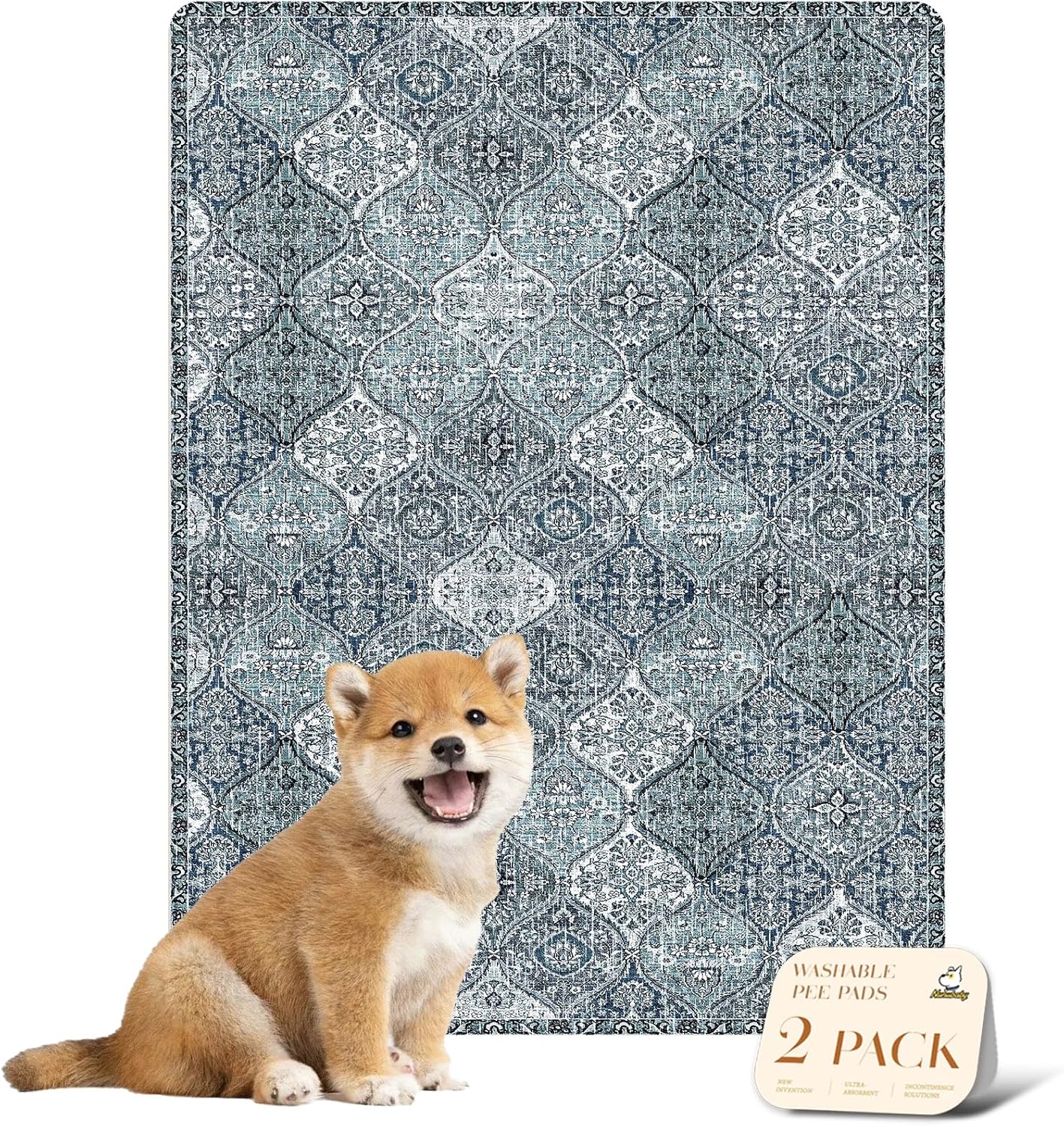 nunubaby Washable Pee Pads for Dogs, Stylish, Non-Slip and Leak-Proof Pee Pads. Reusable Potty Pads for Dogs for Crates and Floors.(Blue/Multi, 18" x24" )