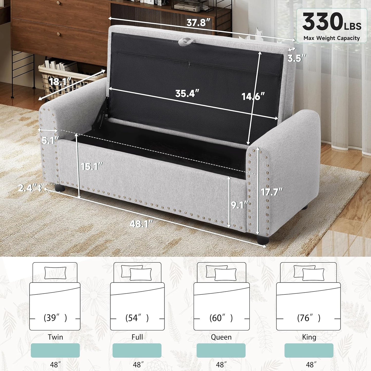 Ottoman with Storage, Tufted Storage Bench for Bedroom, 48" Fabrics End of Bed Bench, Upholstered Entryway Shoe Benches with Rolled Arm & Inner Zipper, Window Ottomans Chest with Rivets, Light Grey