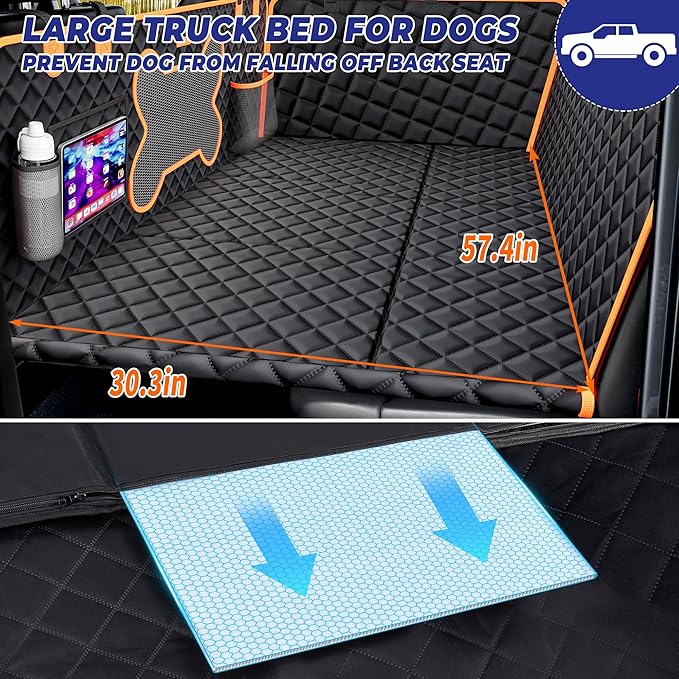 Dog Back Seat Extender for Truck, Hard Bottom Dog Car Seat Cover-Strong Support Waterproof Scratch-Proof Pet Hammock for Full Size F150/RAM1500/Silverado Crew Cab Pickup, Black with Orange
