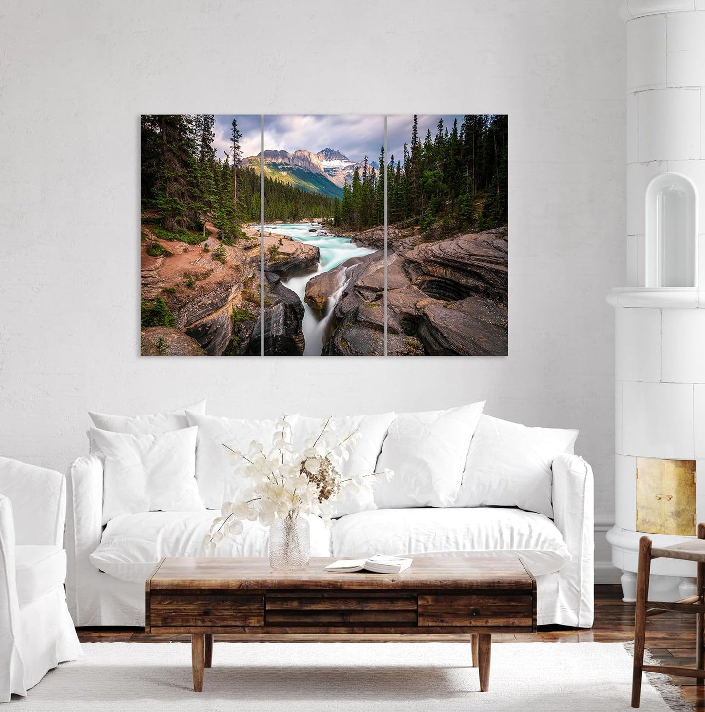 Nature Wall Art Prints - Ocean Forest Mountain Lake Canvas Landscapes - Small to Extra Large Living Room Bedroom Kitchen Bathroom Décor (Mountain River Waterfall, 47L" x 71W" - 3 panels)