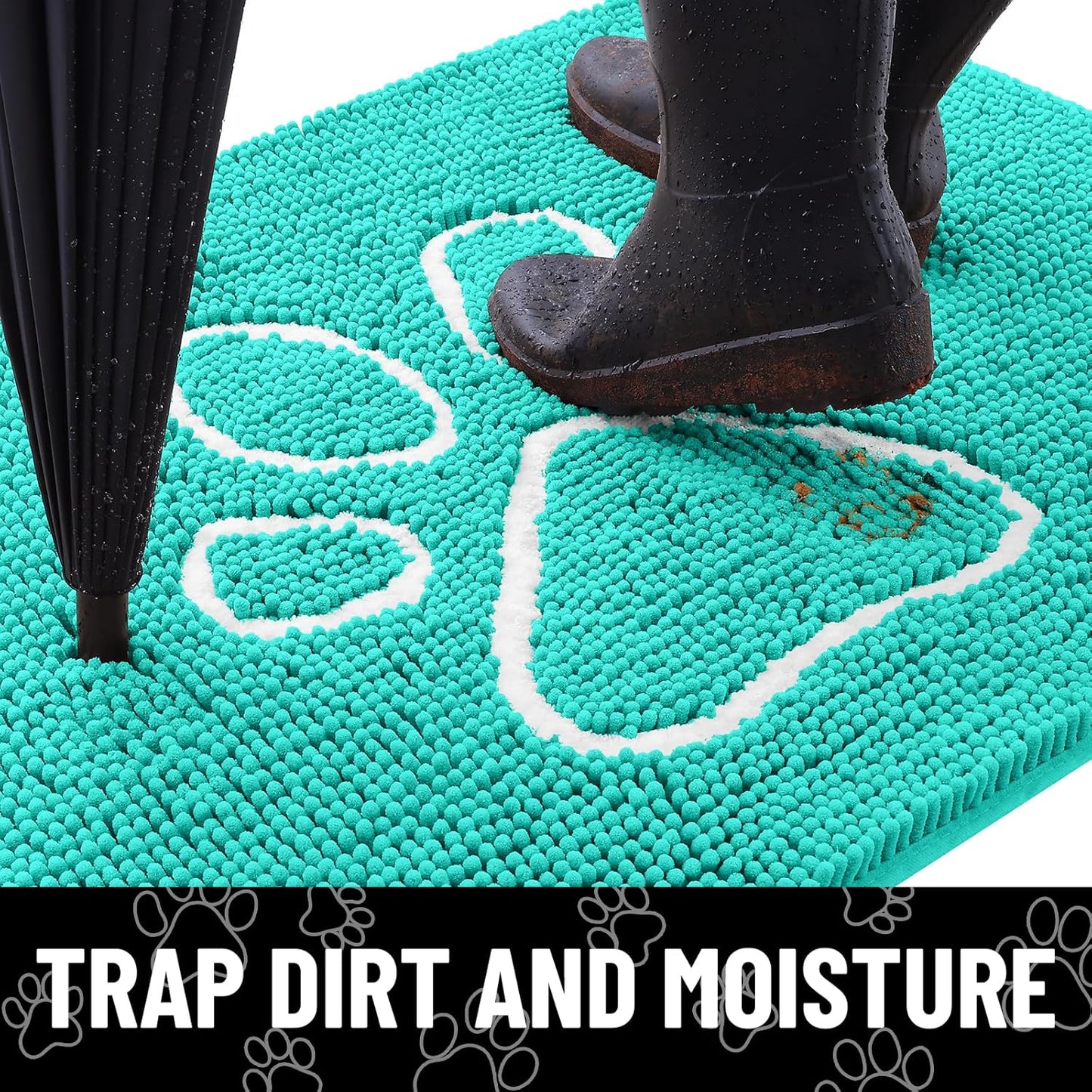 Smiry Dog Door Mat for Muddy Paws, Absorbent Dirt Trapper Non Slip Quick Dry Washable Chenille Mat for Mud Dogs, Entry Rug for Indoor and Outdoor (48x30 Inches, Turquoise)