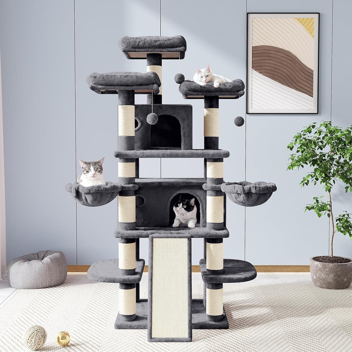 Allewie 68 Inches Cat Tree/House and Towers for Big Feline/Scratching Post/Multi-Level Large Kitty Climbing Tree with Condo/Smokey Grey