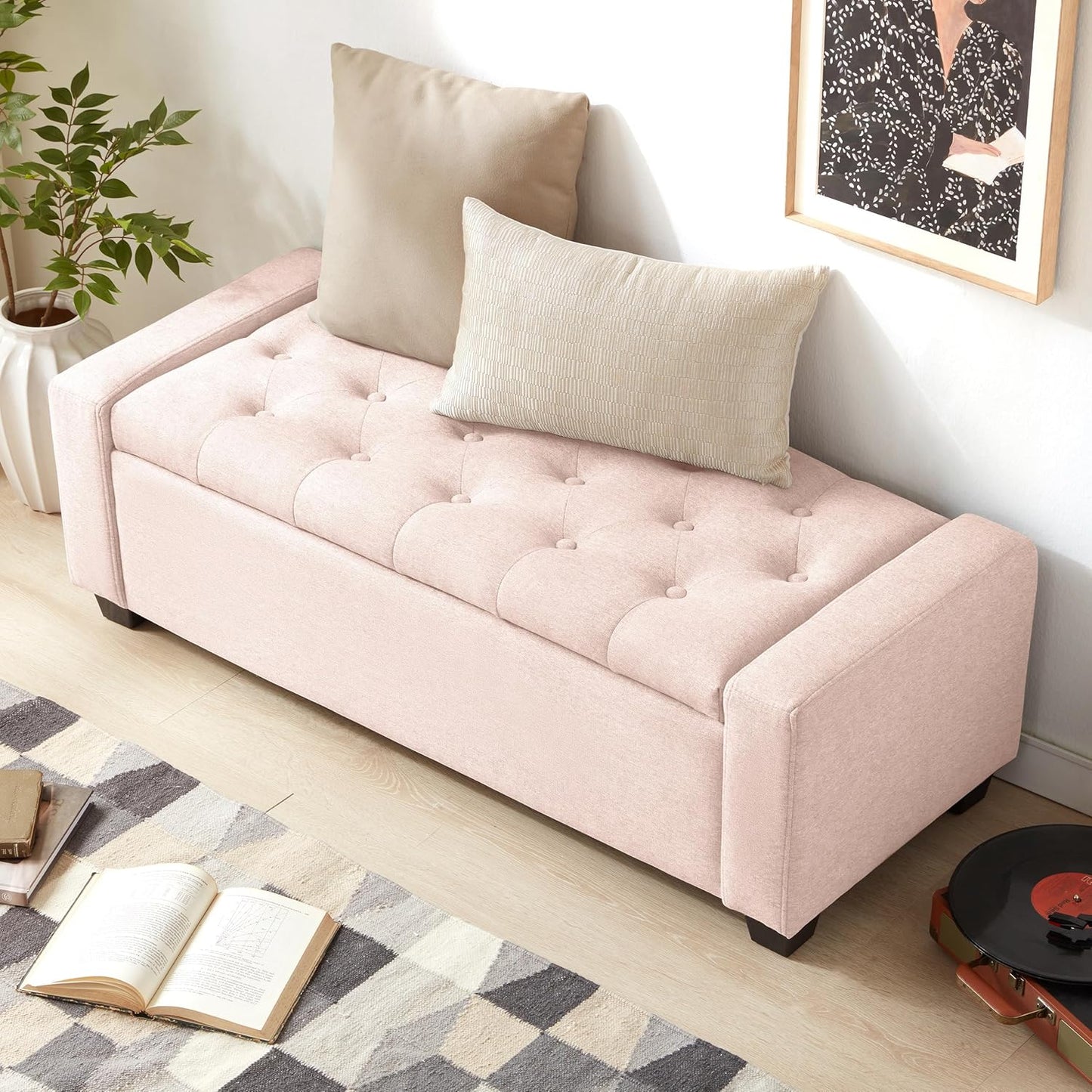 48" Ottoman with Storage, Pink Storage Ottoman Bench with Safety Hinge, Upholstered Entryway Bench with Seating for Bedroom, Living Room, Holds up to 330 lb