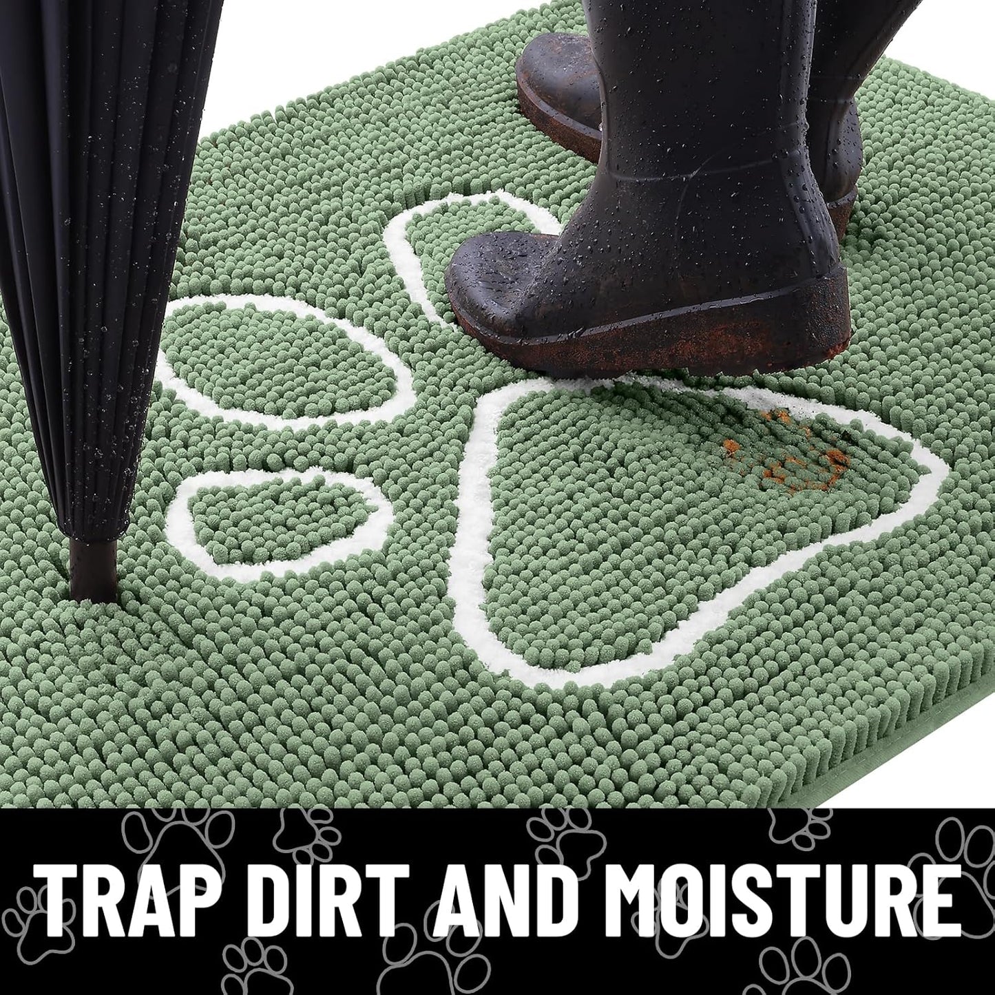 Smiry Dog Door Mat for Muddy Paws, Absorbent Dirt Trapper Non Slip Quick Dry Washable Chenille Mat for Mud Dogs, Entry Rug for Indoor and Outdoor (24x16 Inches, Olive Green and White)