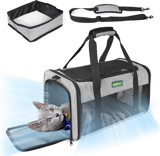 TSA Approved Pet Carrier in Cabin – Portable Travel Bag with Litter Box for Cats, Small Dogs, Kittens, Puppies & Rabbits (17"x11"x9.5"), for Pets up to 12 lbs, Gray