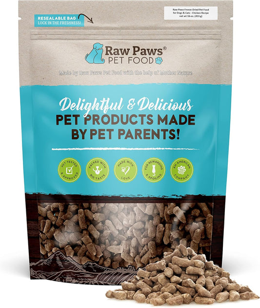 Raw Paws Freeze Dried Dog Food & Cat Food - Chicken Recipe, 16-oz - Made in USA - Freeze Dried Chicken, Raw Food for Dogs and Cats - Grain, Soy, Corn- Free