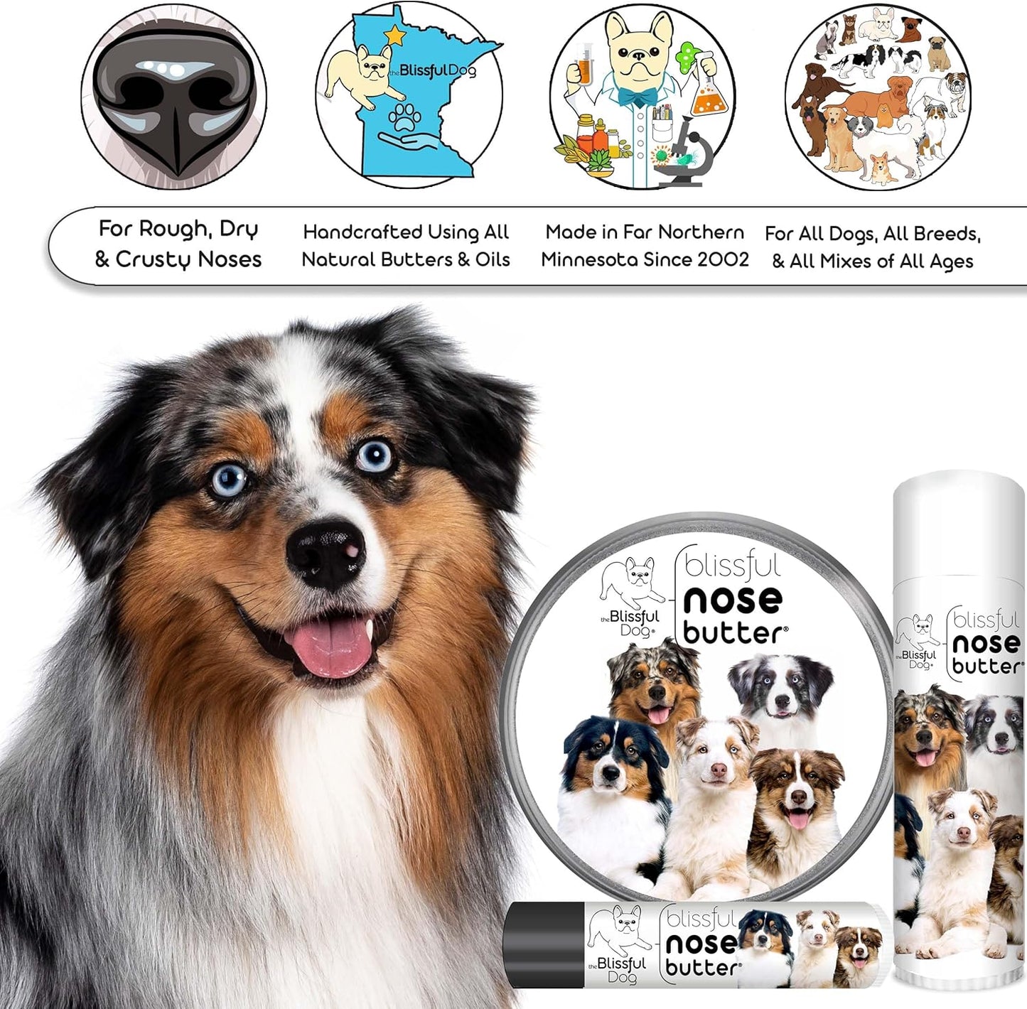 The Blissful Dog Australian Shepherd Nose Butter for Dry, Cracked Skin, Lick-Safe Dog Nose Balm with Moisturizing Shea Butter, Almond, Olive, and Essential Oils, Pet Supplies, Uncented, 2 oz.