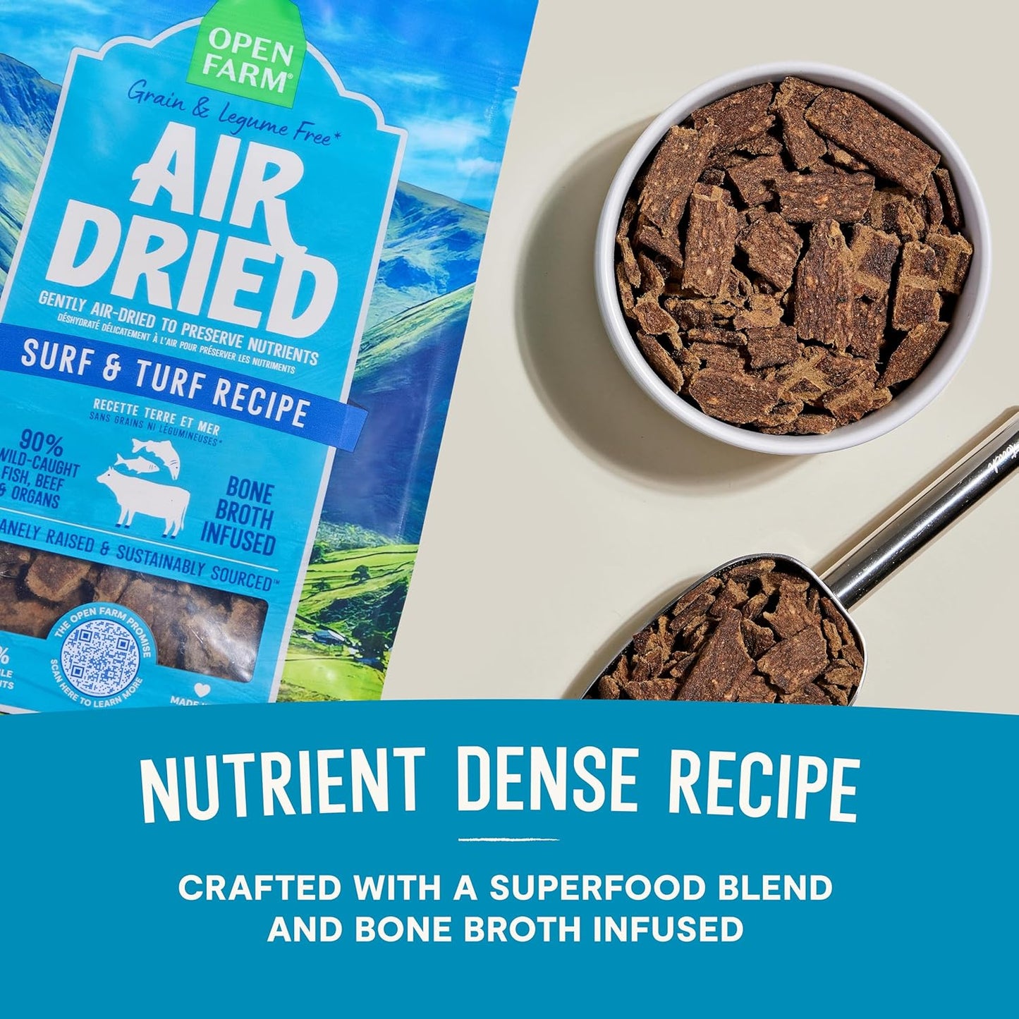 Open Farm, Air Dried Dog Food Infused with Bone Broth, Grain & Legume Free, Complete Meal or Food Topper, Surf & Turf Recipe, 2lb Bag