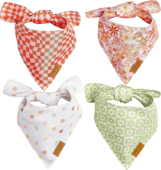 Remy+Roo Extra Large Spring Dog Bandanas - 4 Pack Daisy Set | Premium Durable Adjustable Polyester Fabric | Patented Shape Girl Dog Bandana, Floral Dog Bandana