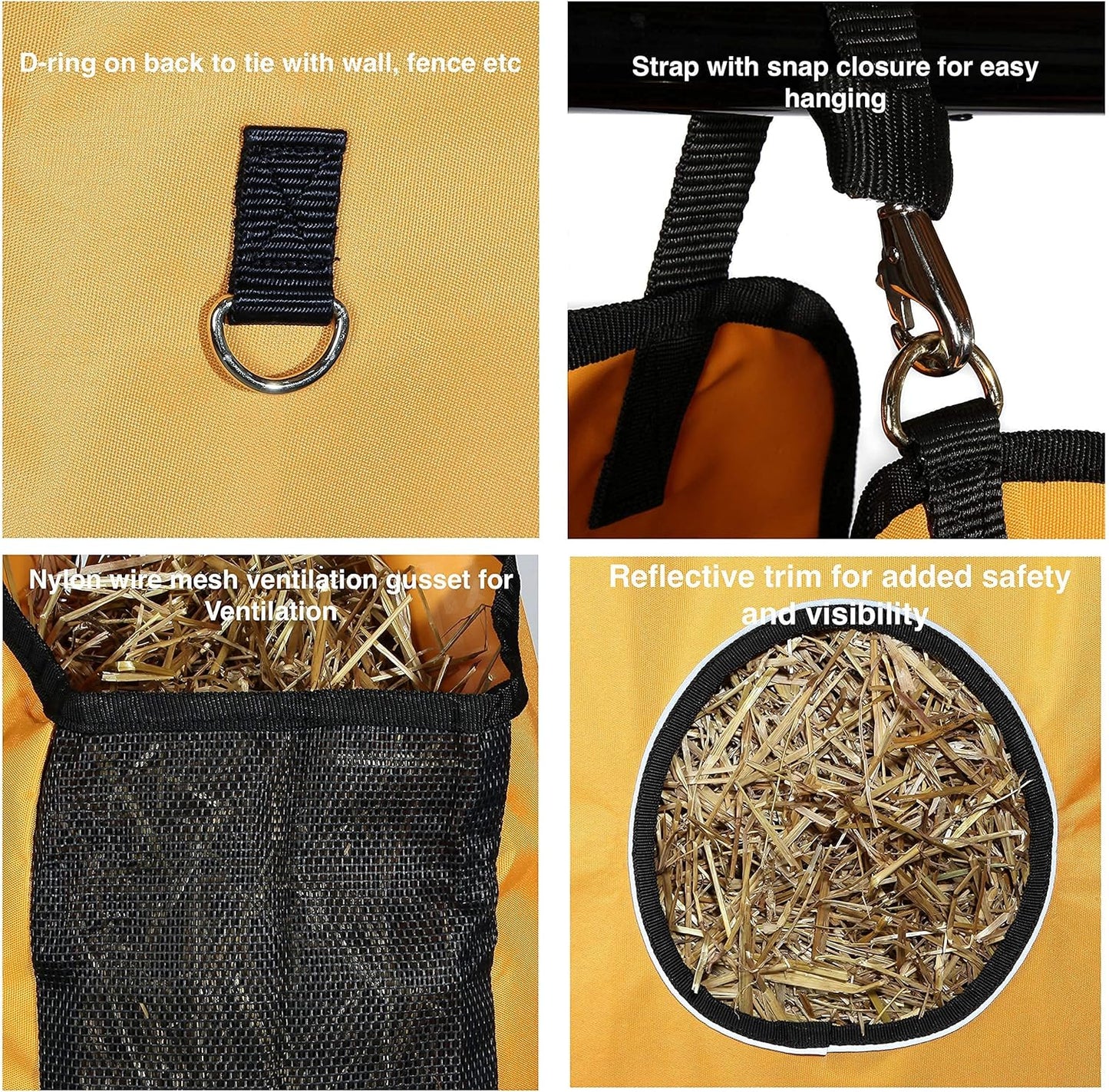 Majestic Ally 1200 D Hay Feeder Tote Bag for Horses, Sheep with Reflective Trim- Reduces Waste - Comes with 36” Hay Net (Orange)